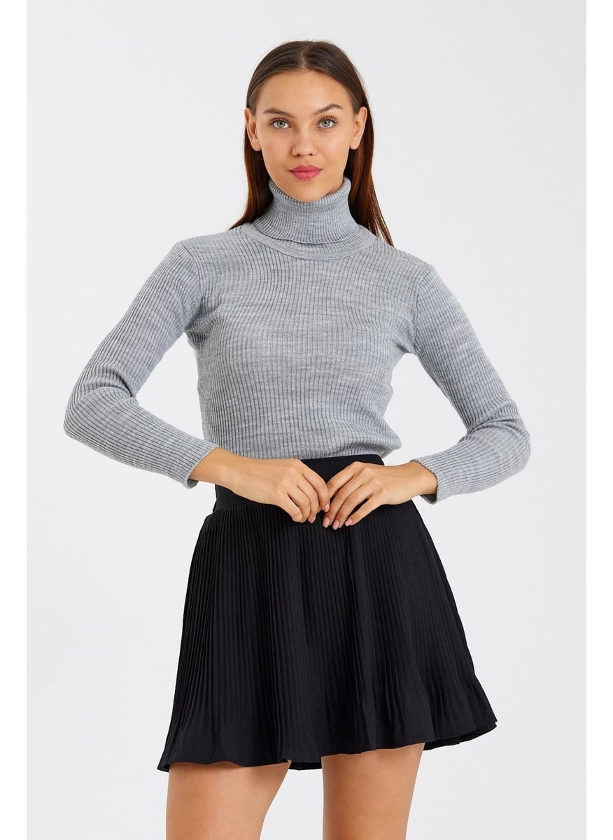 Odelon - Women's Turtleneck Corduroy Wool Knitwear Sweater Gray Melange - Image 1