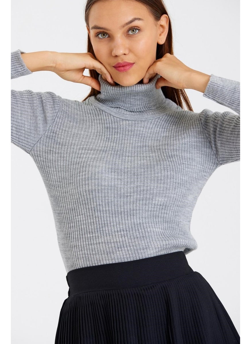 Odelon - Women's Turtleneck Corduroy Wool Knitwear Sweater Gray Melange - Image 1