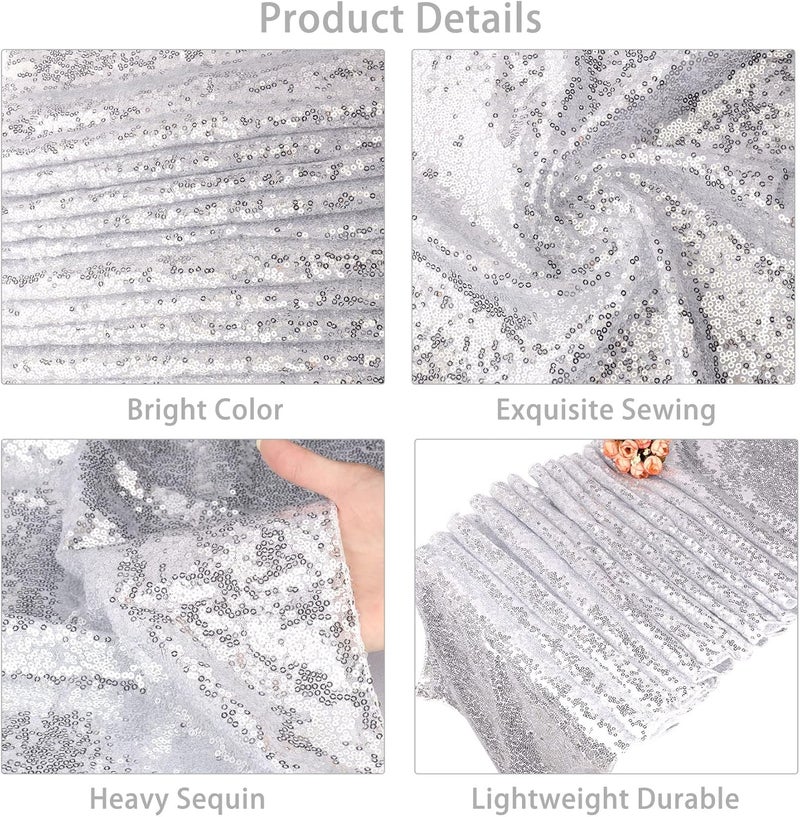 klarako 2 Packs Sequin Table Runner and 2 Packs Tablecloth, 12 x108 Inch Silver Table Runner, 54 x108 Inch Rectangle Disposable Plastic Table Cloths Table Cover for Parties Birthday Wedding Table Decorations - Image 3