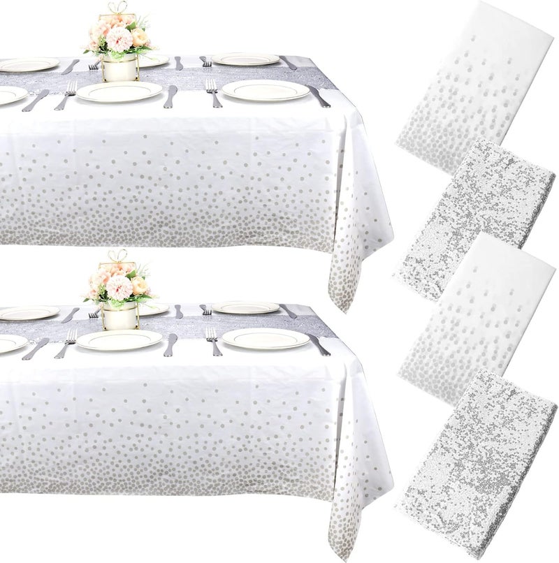 klarako 2 Packs Sequin Table Runner and 2 Packs Tablecloth, 12 x108 Inch Silver Table Runner, 54 x108 Inch Rectangle Disposable Plastic Table Cloths Table Cover for Parties Birthday Wedding Table Decorations - Image 1