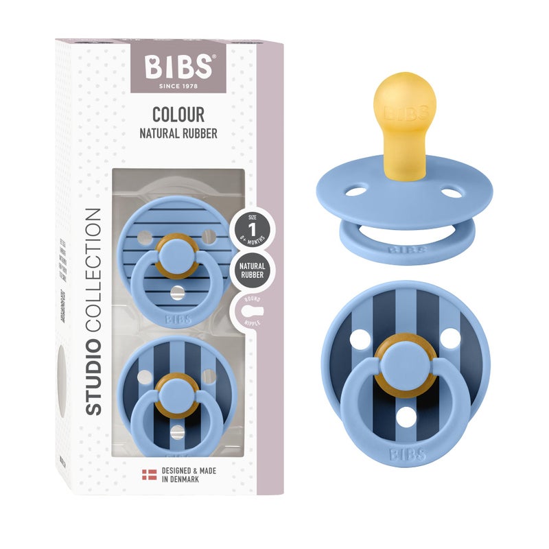 BIBS Pacifiers - Studio 2 Pack | Round Nipple Baby Pacifier | BPA Free Natural Rubber Latex Soother | Made in Denmark | Size 0+ Months | Pin Sky Blue - Image 1