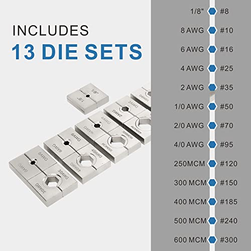 AMZCNC Industrial Hydraulic Cable Lug Crimper 16 Ton 9 AWG to 600 MCM Electrical Terminal Cable Wire Tool Kit Includes 13 Pairs of Die Sets - Image 2