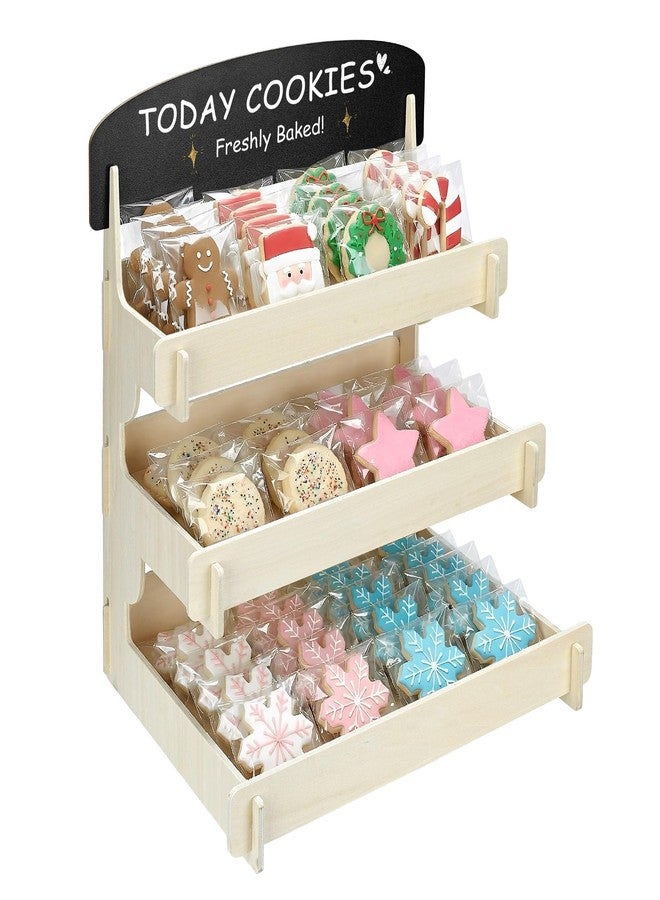 Mounting UP Wooden Cookie Display Stand with Chalkboard Sign for Market Booths, Craft Fairs & Events 3- Tier Cookie Display for Bakers & Vendors to Show Cupcakes, Bread, Muffins & Pastries - Image 1