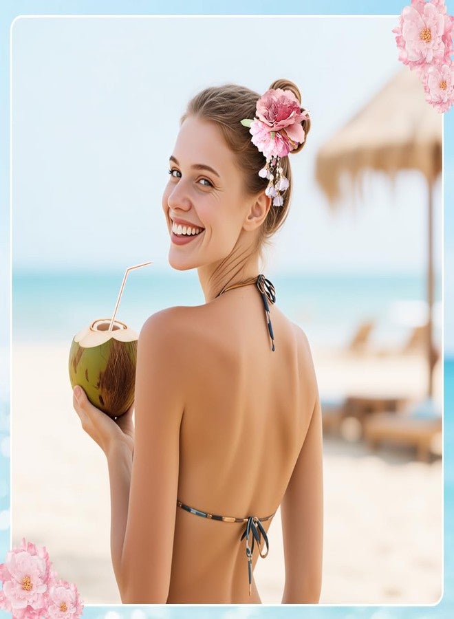 ماي كرييت مشابك شعر MAYCREATE® للنساء، مشبك زهرة وردي مع شرابة لؤلؤية، مشبك شعر بوهيمي مزين بالزهور، إكسسوارات شعر صيفية للشاطئ للنساء والفتيات - Image 4