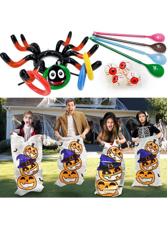 AMENON 17 Pcs Halloween Party Games, 4 Potato Sack Race Bags, Inflatable Spider Ring Toss Game, 4 Eyeballs and Spoon Race Game for Kids Family Adults 4 Players Halloween Party Favor Decor Outdoor Indoor Yard - Image 1