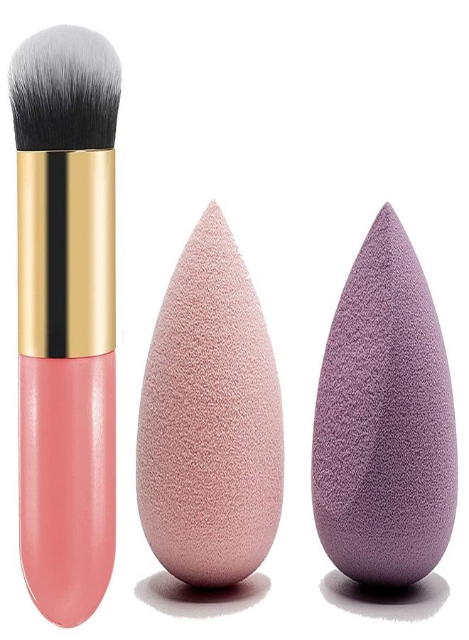 Calitate24 فرشاة كريم الأساس، فرشاة مكياج سميكة، فرشاة مكياج كابوكي للوجه، فرشاة بودرة الوجه للسفر لمزج مستحضرات التجميل السائلة أو الكريمية أو البودرة مع قطعتين من إسفنجة مكياج بيوتي بلندر. - Image 1