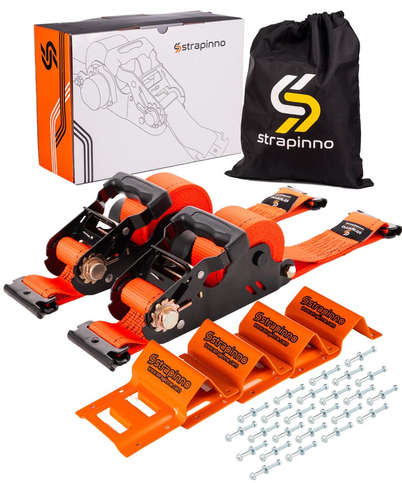 Strapinno ETrack Retractable Ratchet Straps with Wheel Chock Kit 4500lbs Breaking Strength 2in x 12ft Heavy Duty Ratchet Strap for Trailer Tie Down System to Secure ATV UTV Lawn Mower 2 PCs