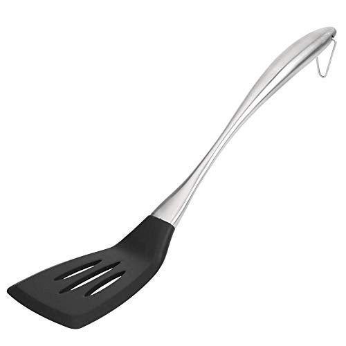 Baskety Basics Slotted Silicone Turner Spatula, High Heat Resistant to 480°F, Hygienic One Piece Design, Non Stick Rubber Kitchen Utensil for Fish, Eggs, Pancakes, Wok (Steel Slotted Black) - Image 1