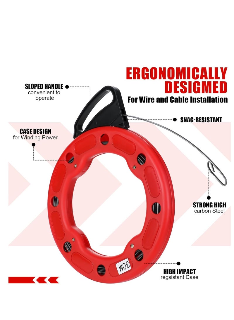 SYOSI - 30m Fish Tape Wire Puller, Easy to use Cable Tool with Double Loop Tip Electrical Red Plastic Case Durable Fishing Tools for Walls and Conduit Wiring - Image 1