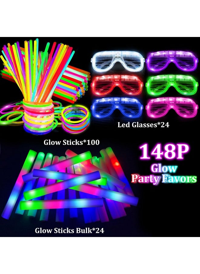 Camlinbo 148 PCS New Years Eve Glow in the Dark Party Supplies- 24 Pcs 16" Foam Glow Sticks, 24 Pcs LED Glasses, 100 Pcs Glow Sticks Necklaces Bracelets Light Up New Years Party Favors Wedding Birthday  - Image 3