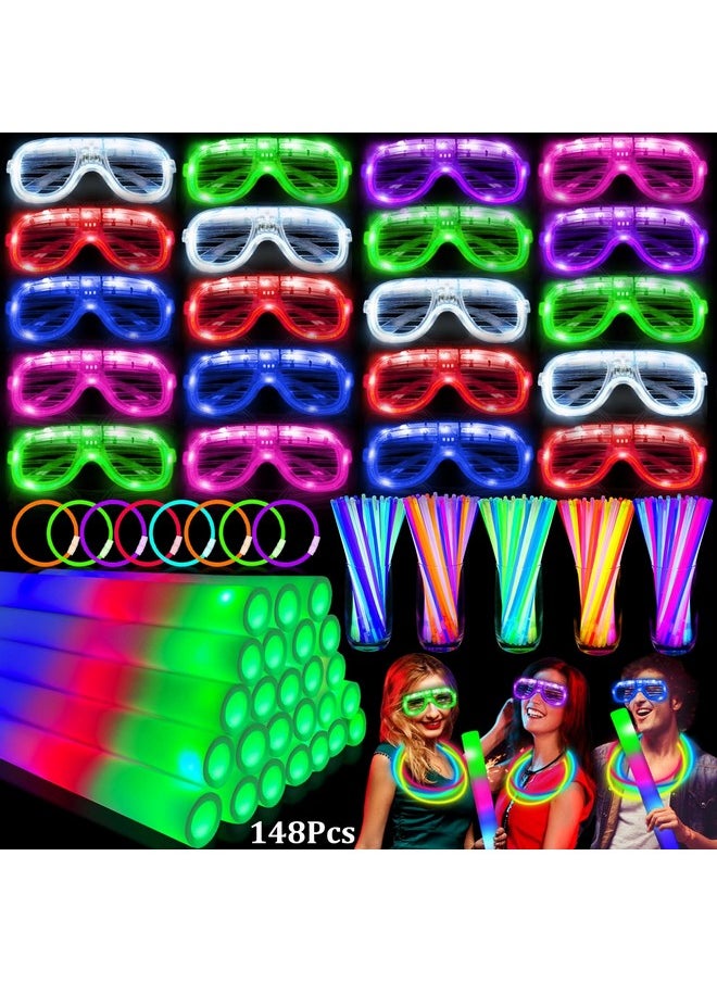 Camlinbo 148 PCS New Years Eve Glow in the Dark Party Supplies- 24 Pcs 16" Foam Glow Sticks, 24 Pcs LED Glasses, 100 Pcs Glow Sticks Necklaces Bracelets Light Up New Years Party Favors Wedding Birthday  - Image 1