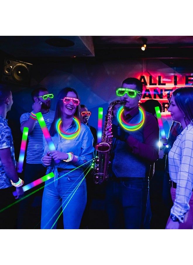 Camlinbo 148 PCS New Years Eve Glow in the Dark Party Supplies- 24 Pcs 16" Foam Glow Sticks, 24 Pcs LED Glasses, 100 Pcs Glow Sticks Necklaces Bracelets Light Up New Years Party Favors Wedding Birthday  - Image 2