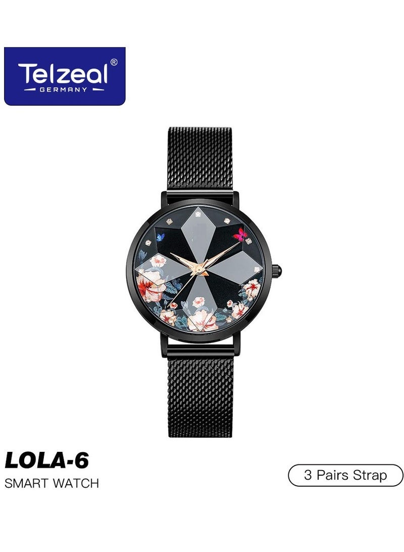Telzeal LOLA-6 Round Shape Ultra-Slim Smartwatch with 3 Interchangeable Straps and Charging Cable Designed for Ladies Black - Image 1