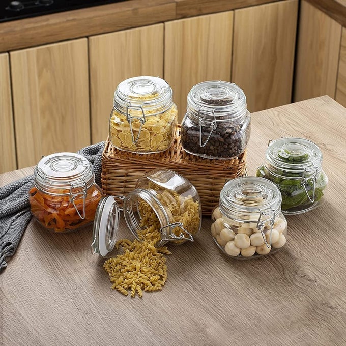 AIRTIGHT SQUARE GLASS CANISTER KITCHEN STORAGE JAR CONTAINER WITH CLIP LOCK FOR STORING HONEYPICKLECOFFEE BEANS 500 ML PACK OF 6 CLEAR
