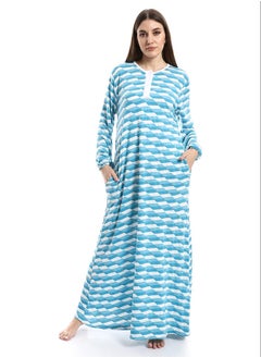 Andora Long Sleeves Self Patterned Nightgown White & Sky Blue_Sky Blue  - Image 1