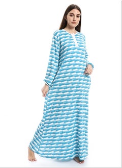 Andora Long Sleeves Self Patterned Nightgown White & Sky Blue_Sky Blue  - Image 2