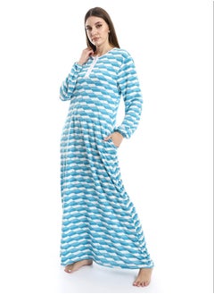 Andora Long Sleeves Self Patterned Nightgown White & Sky Blue_Sky Blue  - Image 3