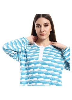 Andora Long Sleeves Self Patterned Nightgown White & Sky Blue_Sky Blue  - Image 4