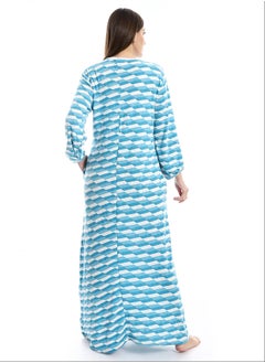 Andora Long Sleeves Self Patterned Nightgown White & Sky Blue_Sky Blue  - Image 5
