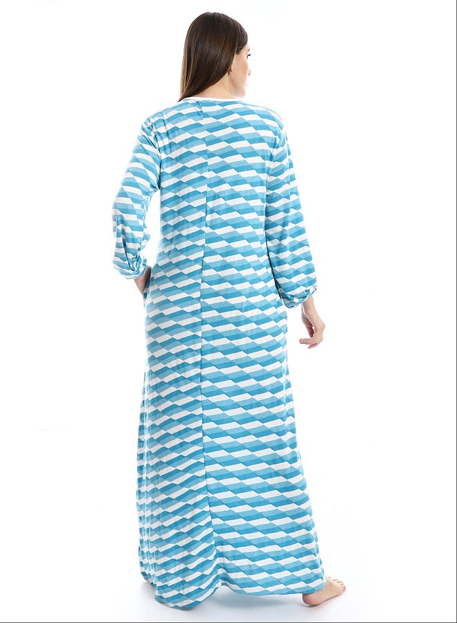 Andora Long Sleeves Self Patterned Nightgown White & Sky Blue_Sky Blue - Image 5