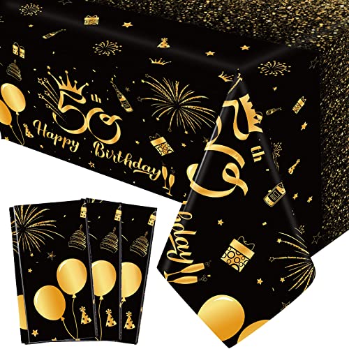 Remagr 3 Pack 50th Birthday Tablecloth Disposable Plastic 1975 Table Cover Rectangular Black and Gold Table Cloths for 50th Birthday Decorations Men Women 54 x 108 Inch