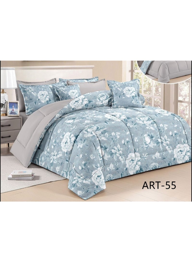 سيلينا |  طقم مفرش مجوز مزهر وجهين  8 قطع 240*220 سم  فضي - Image 1