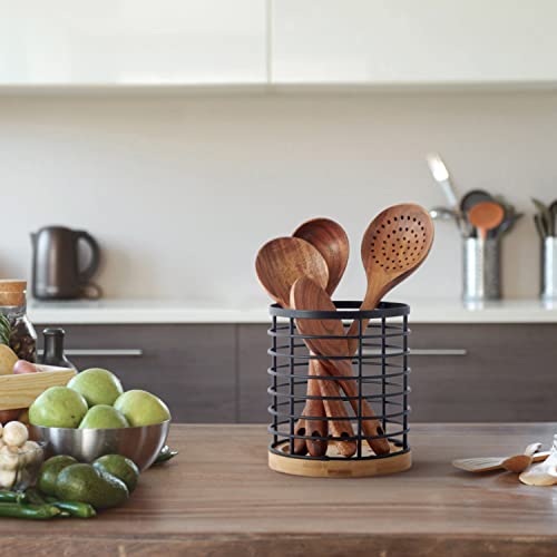 WDT Tool Utensil holder for Kitchen Counter - 5.2" x 5.2" x 6" Large Round with Wooden Base Matte Black Cooking Utensil Holder Utensil Organizer (Metal+Bamboo) - Image 4