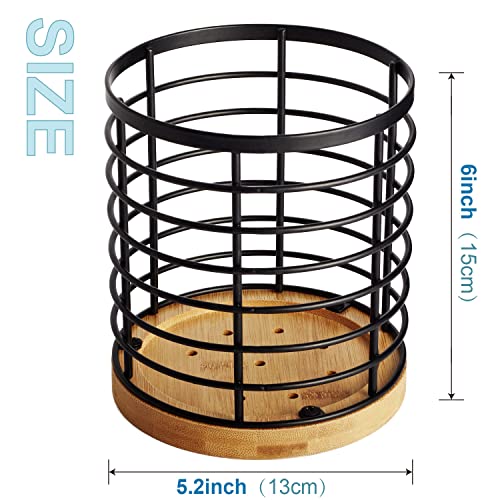 WDT Tool Utensil holder for Kitchen Counter - 5.2" x 5.2" x 6" Large Round with Wooden Base Matte Black Cooking Utensil Holder Utensil Organizer (Metal+Bamboo) - Image 5