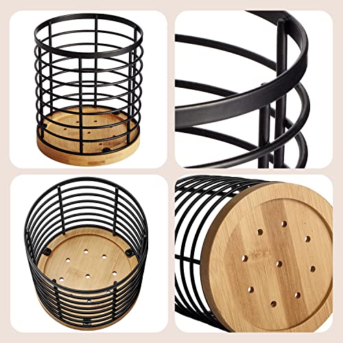 WDT Tool Utensil holder for Kitchen Counter - 5.2" x 5.2" x 6" Large Round with Wooden Base Matte Black Cooking Utensil Holder Utensil Organizer (Metal+Bamboo) - Image 3