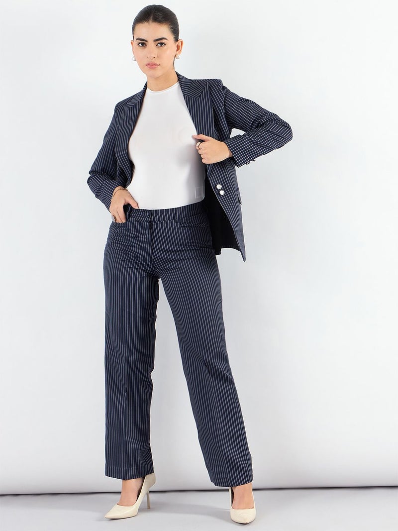 Powersutra Navy Blue Striped Blazer and Tailored Trousers for Women - Image 1