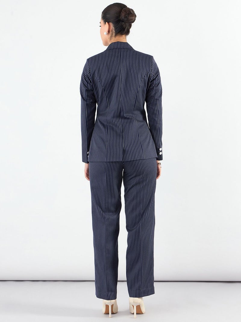 Powersutra Navy Blue Striped Blazer and Tailored Trousers for Women - Image 4
