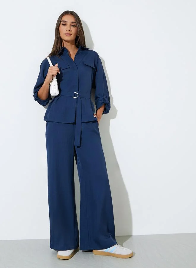 ستايلي Navy Blue Flap Pockets Long Sleeve Belted Shirt