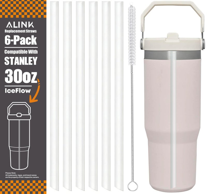 ALINK Replacement Straws for Stanley Iceflow 30oz Flip Tumbler, 6 Pack Reusable Clear Plastic Straws Compatible with 30oz Stanley IceFlow Cup with Cleaning Brush, Angled Design, Dishwasher Safe - Image 1