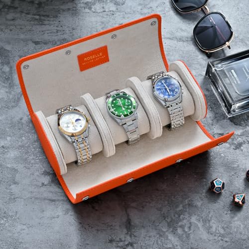ROSELLE Genuine Leather Watch Roll Travel Case - Watch Roll Case For 3 Watches With Luxury Lining - Protect, Travel,Store and Display Fine Watches(3 Slot Orange) - Image 5