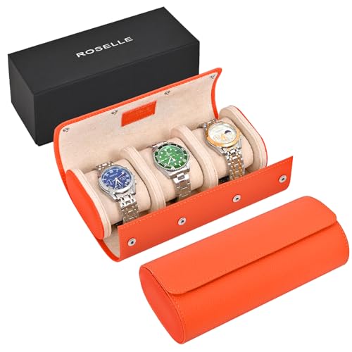 ROSELLE Genuine Leather Watch Roll Travel Case - Watch Roll Case For 3 Watches With Luxury Lining - Protect, Travel,Store and Display Fine Watches(3 Slot Orange) - Image 1