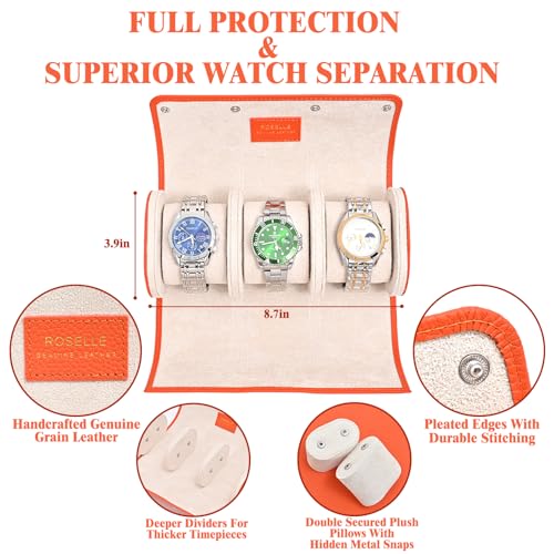 ROSELLE Genuine Leather Watch Roll Travel Case - Watch Roll Case For 3 Watches With Luxury Lining - Protect, Travel,Store and Display Fine Watches(3 Slot Orange) - Image 2