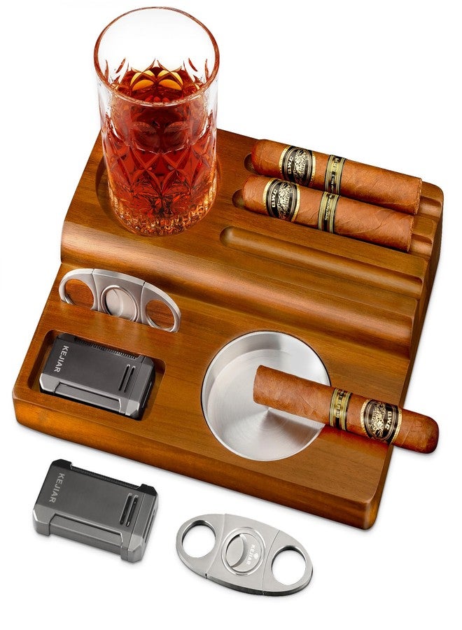 KEJIAR Cigar Ashtray, Wooden Base with Removable and Washable Outdoor Ashtray Suitable for Indoor and Outdoor Use, with Lighter and Cutter and Multiple Cigar Accessories, Ideal Gift for Men - Image 1