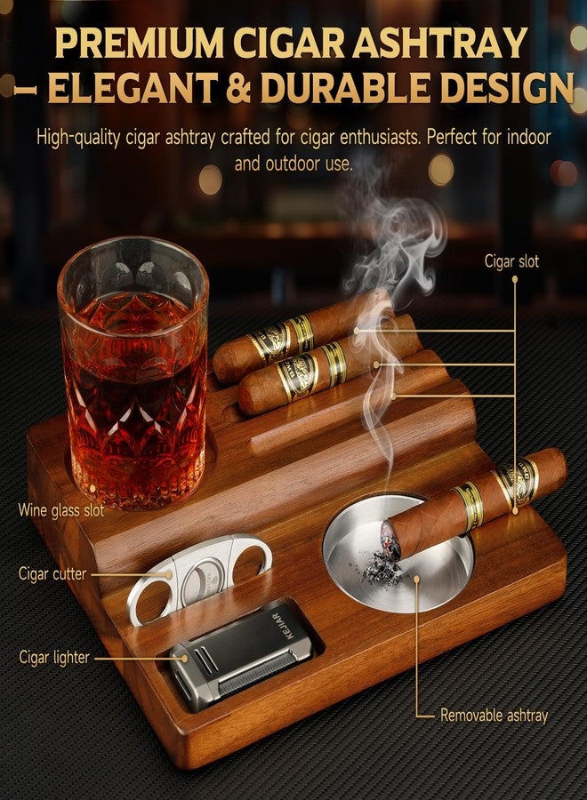 KEJIAR Cigar Ashtray, Wooden Base with Removable and Washable Outdoor Ashtray Suitable for Indoor and Outdoor Use, with Lighter and Cutter and Multiple Cigar Accessories, Ideal Gift for Men - Image 4