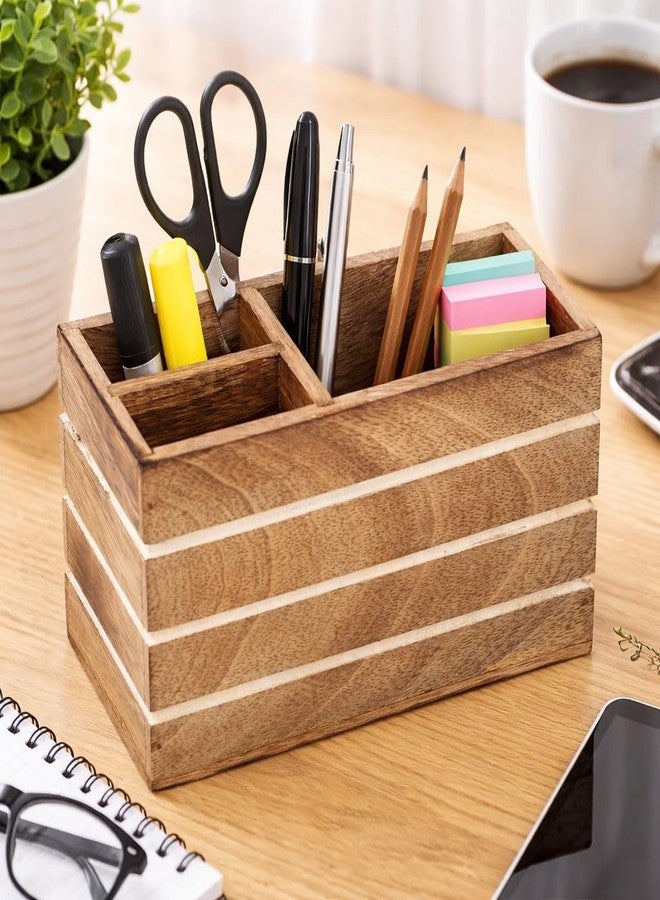 Hashcart Pen Holder Pencil Holder - Wood Pen Cup Pencil Cup for Desk - Office Desk Organizer - Makeup Brushes Holder - 3 Compartment Caddy for Home and Office - Image 1