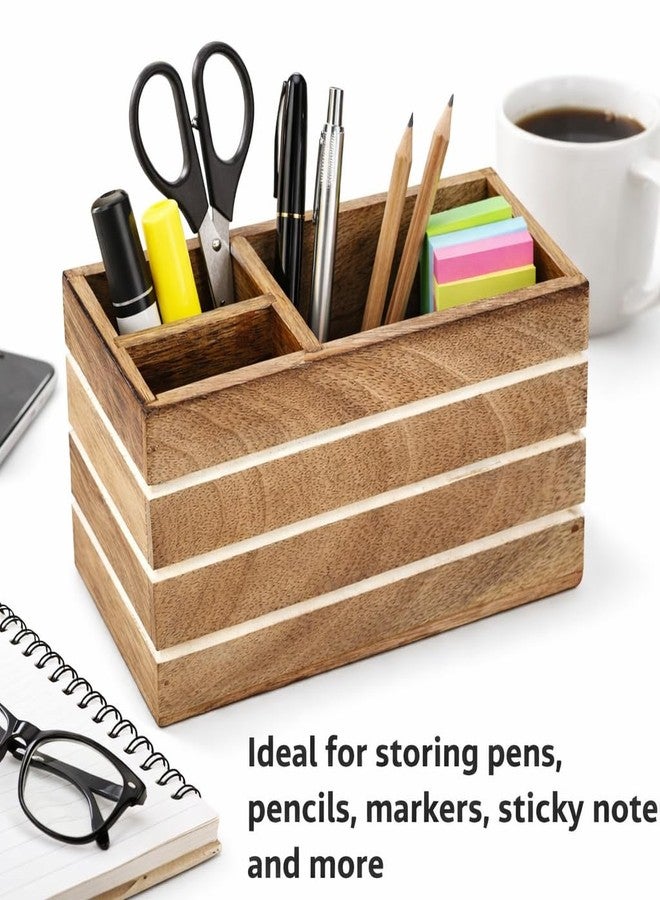 Hashcart Pen Holder Pencil Holder - Wood Pen Cup Pencil Cup for Desk - Office Desk Organizer - Makeup Brushes Holder - 3 Compartment Caddy for Home and Office - Image 2