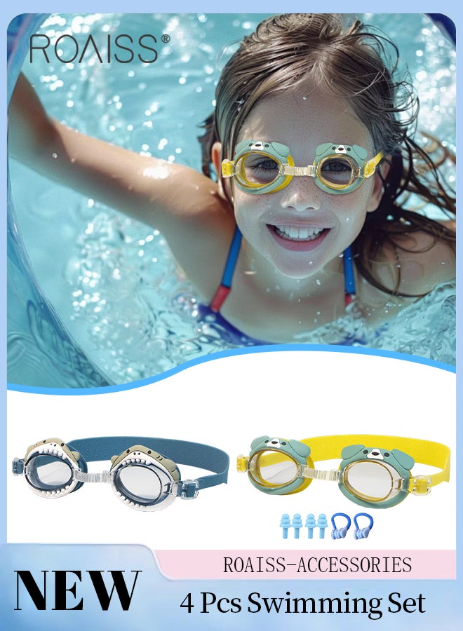 roaiss 4Pcs Kids Swimming Suit, HD Anti-fog and Waterproof Cartoon Swim Goggles, Adjustable Cute Animal Pattern Beach Pool Swimming Goggles with Earplugs, Suitable for 2-12 years Old Boys and Girls  - Image 1