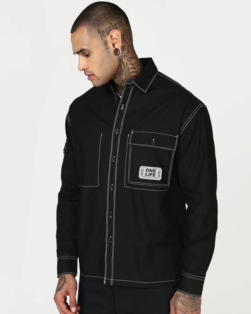 bewakoof Men's Jet Black Oversized Shirt