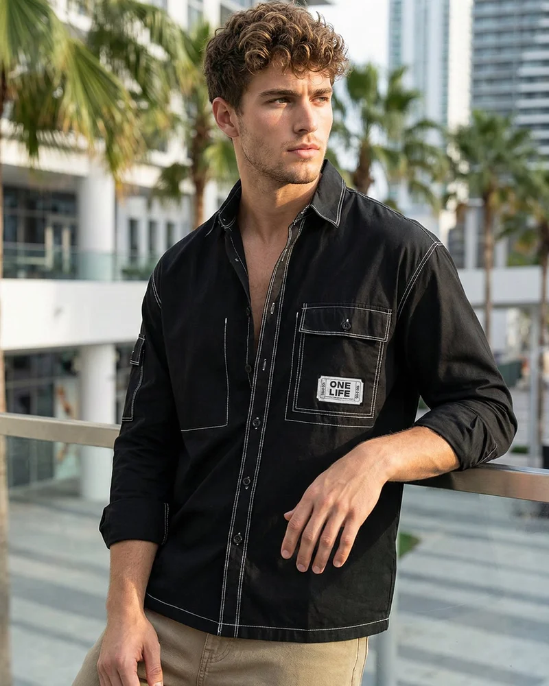 bewakoof Men's Jet Black Oversized Shirt
