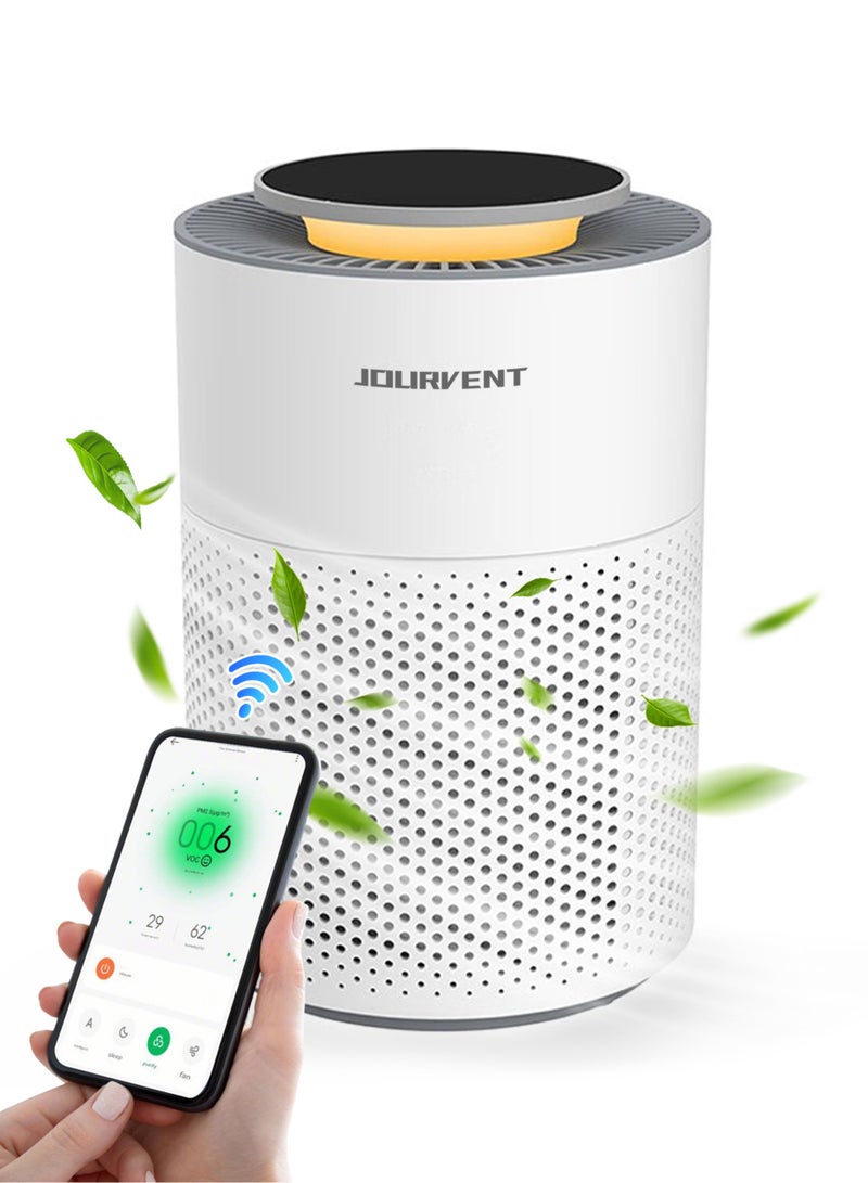Jourvent Smart Air Purifier for Large Rooms up to 60 m², Desktop Filter Air Purifier with Smart WiFi (Mobile App Control), 3 Speed Settings and 3 Timers, H13 True HEPA Air Filter Cleaner, Adjustable Lighting, Quiet Sleep Mode, Removes Allergens, Dust, Pollen, Smoke, and Odors, White - Image 1