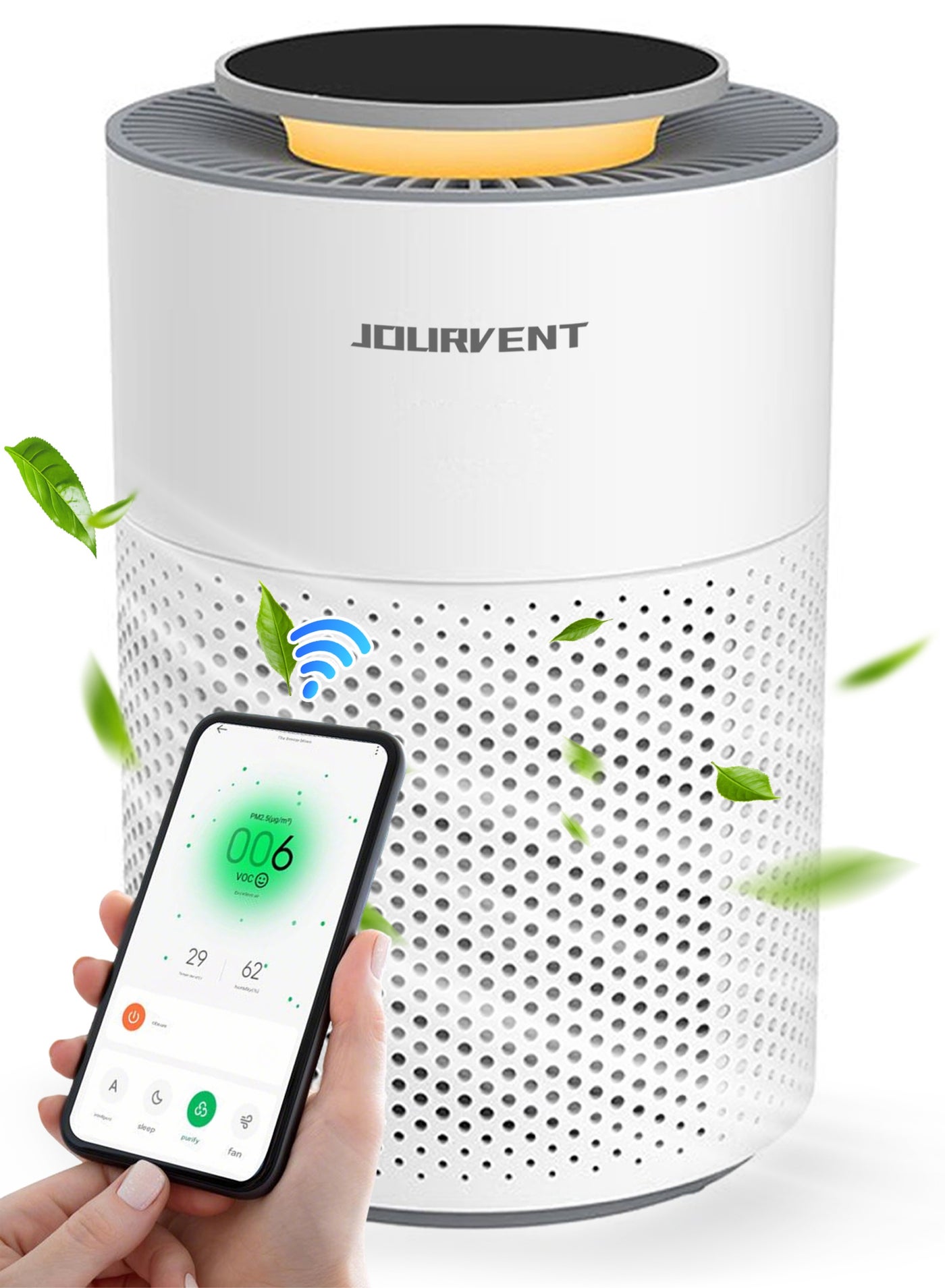 Smart Air Purifier for Large Rooms up to 60 m², Desktop Filter Air Purifier with Smart WiFi (Mobile App Control), 3 Speed Settings and 3 Timers, H13 True HEPA Air Filter Cleaner, Adjustable Lighting, Quiet Sleep Mode, Removes Allergens, Dust, Pollen, Smoke, and Odors, White