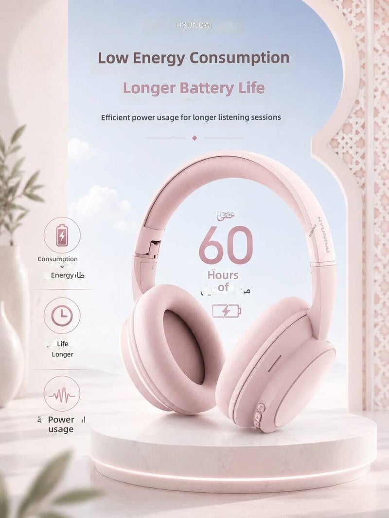 HYUNDAI HY-T02MAX Over-Ear Bluetooth Headphones with Bow Accessory, HiFi Sound, Deep Bass, Clear Calls, Noise Cancellation, Low Latency, Long Battery Life, for Music, Sports, Gaming, Business, Compatible with Phones and Tablets - Pink