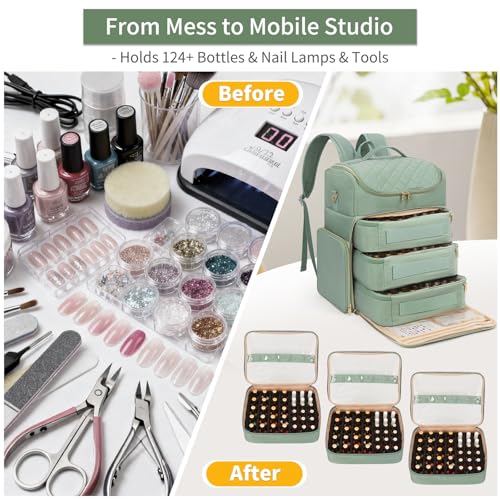 CUBETASTIC Extra Large Nail Polish Organizer Backpack, Holds 124+ Bottles & Full Size Lamp, Travel Nail Organizers and Storage Bag with 3 Removable Pouches, Portable Nail Supplies Case (Rhombus Green, 124 Slots) - Image 4