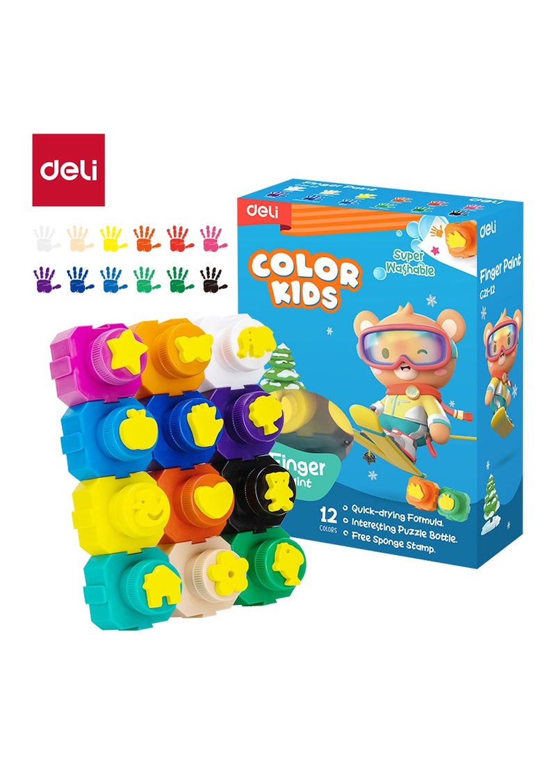 Deli EC21-12 Kids Finger Paint Set – 12 Colors, Super Washable, Non-Toxic Puzzle Bottles with Sponge Stamps – Creative Craft Paint for Toddlers & Children - Image 1