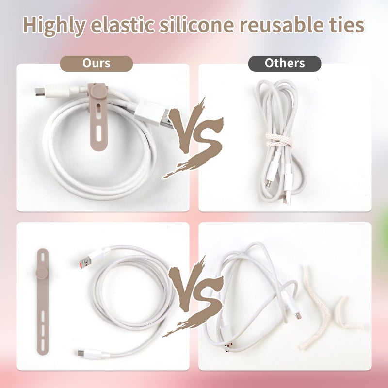 Oligei 25 Pcs Silicone Cable Ties, Cable Ties Reusable, High Elasticity Cord Wraps for Electrical Cords, Cord Organizer for Earphone, Phone Charger(Khaki) - Image 4