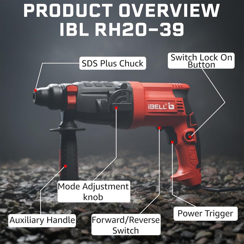 iBELL IBL RH20-39 Rotary Hammer Drill|500W,0-850 RPM,1.5J Impact Energy|SDS Plus&13mm Chuck|20mm Concrete Drilling|Forward/Reverse,Variable Speed Trigger - Image 5